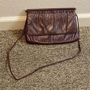 VTG,Elegant Fold-Over Leather Clutch in Deep Brown Burgundy